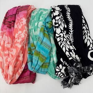 LOFT Set of 3 Lightweight Floral & Stripe Scarves - Pink, Turquoise, Black/White
